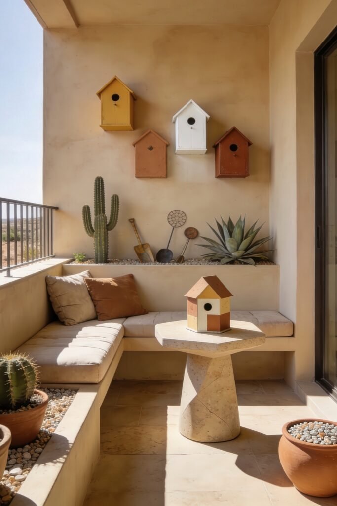 Cute Birdhouse Painting Ideas for Charming Outdoor Style 25 Minimal desert balcony with neutral birdhouses built in bench stone pedestal table agave cactus and gravel planters