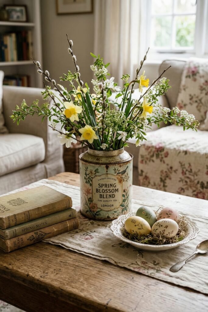 Floral eggs in a white dish sit beside vintage books and spring flowers arranged in a weathered Spring Blossom Blend tin on a rustic table