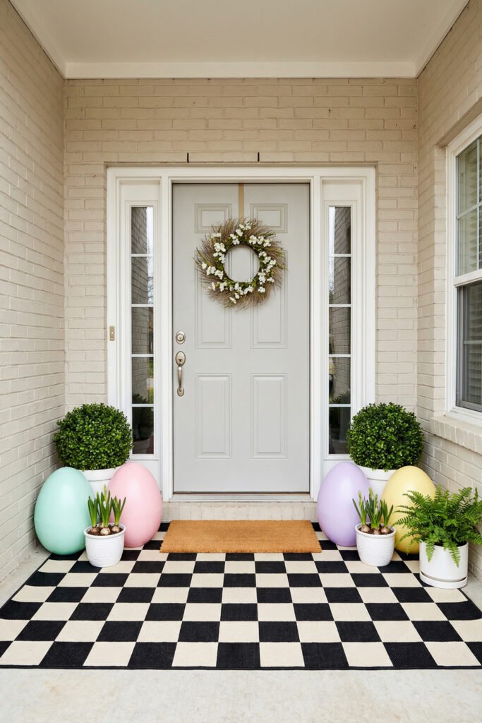 Easter Front Porch Ideas for a Fresh Spring Entry 34 White front door with a twig wreath and oversized pastel eggs framed by boxwoods potted bulbs and a checkered rug
