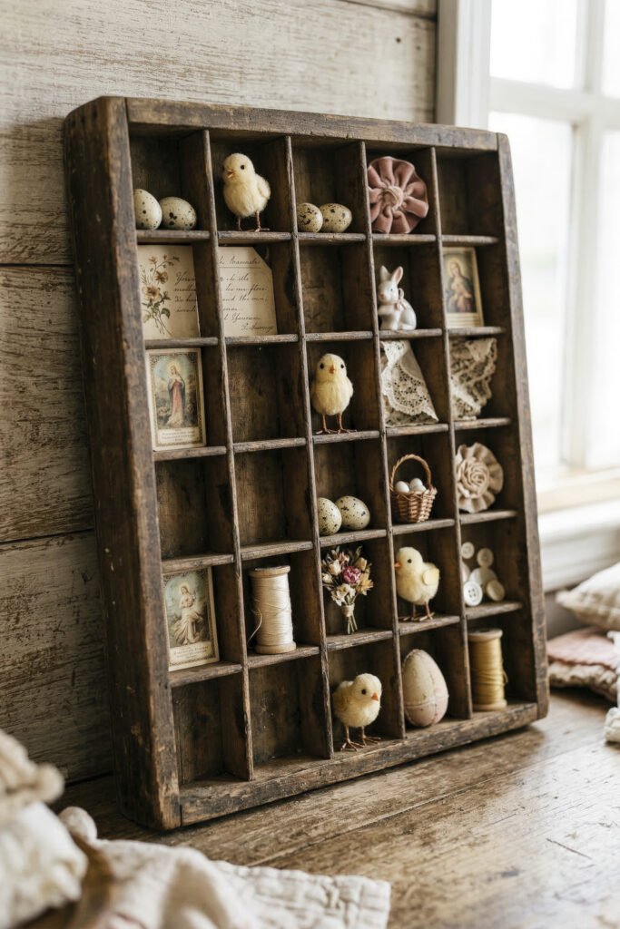 Rustic printer tray holds fluffy chicks speckled eggs a tiny basket lace cards spools and a white rabbit figurine