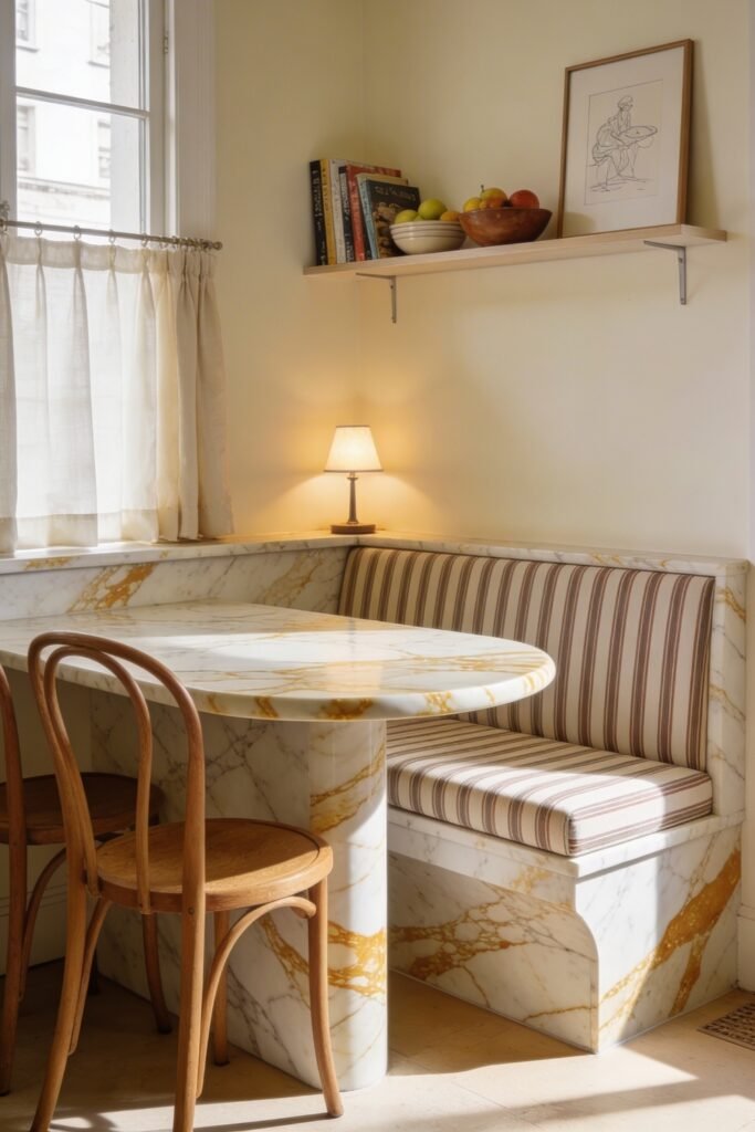 Calacatta Gold Marble Ideas For A Beautiful Apartment 30 Breakfast nook with Calacatta gold marble table and banquette striped cushions bentwood chairs and soft window light