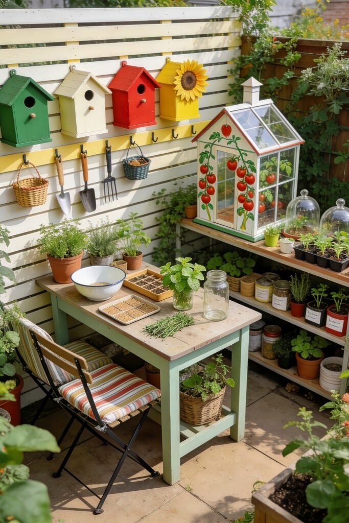 Cute Birdhouse Painting Ideas for Charming Outdoor Style 26 Garden balcony with colorful birdhouses hanging above tools herbs seed trays and a tomato painted greenhouse