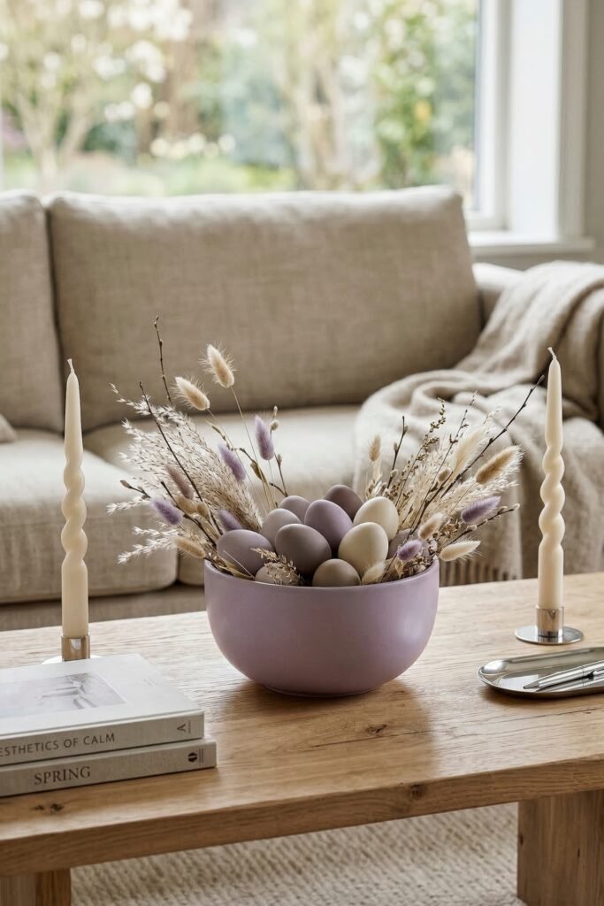 A lavender bowl filled with muted eggs and dried grasses sits between twisted candles on a wooden coffee table in a cozy neutral living room