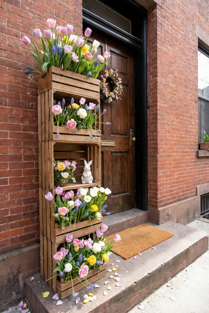 Easter Front Porch Ideas for a Fresh Spring Entry 35 Brick townhouse stoop with stacked wooden crates overflowing with tulips and ranunculus beside a dark wood door and floral wreath
