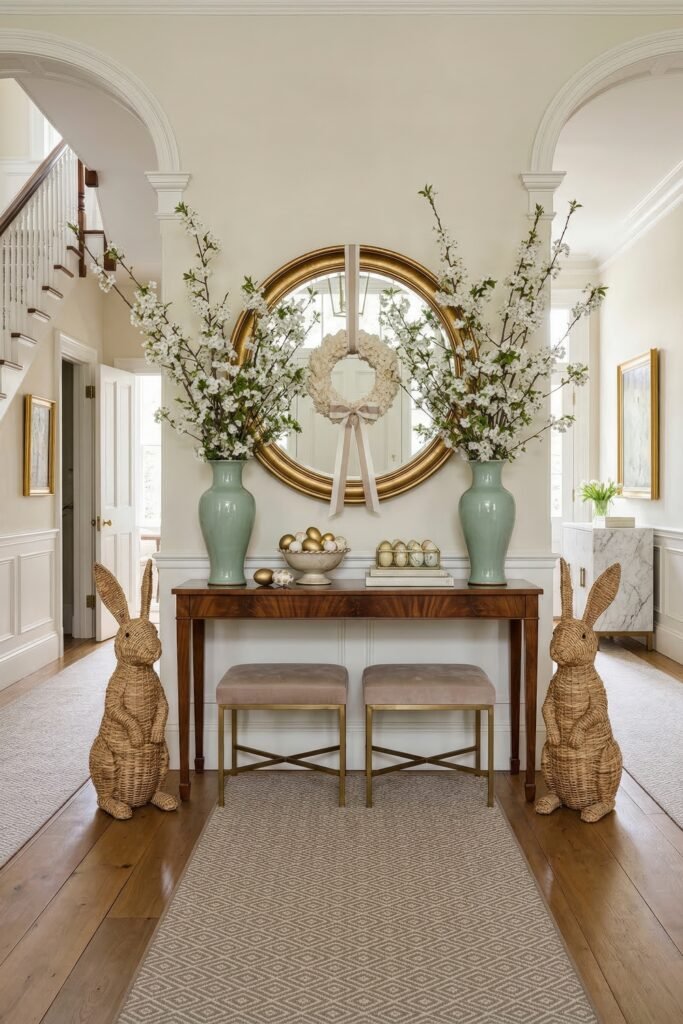 Elegant entryway with tall blossom branches gold mirror pastel eggs and woven bunny statues styled around a dark wood console
