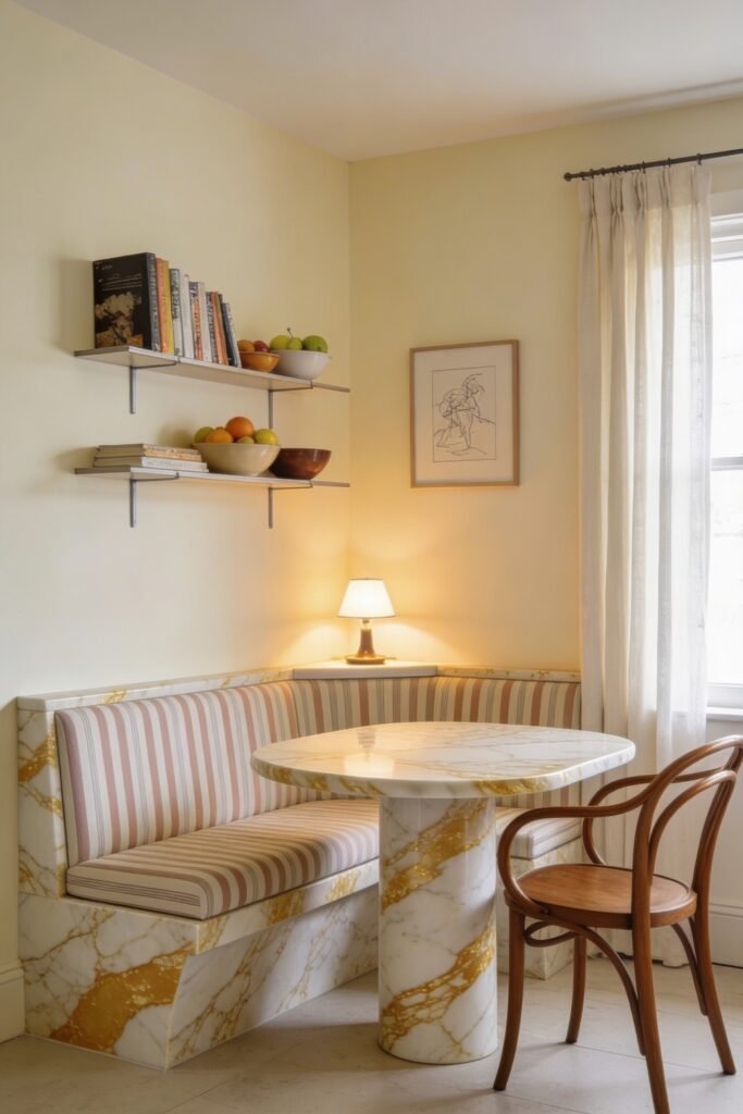 Calacatta Gold Marble Ideas For A Beautiful Apartment 31 Breakfast nook with a Calacatta gold marble banquette and pedestal table striped cushions bentwood chair and warm shelf styling