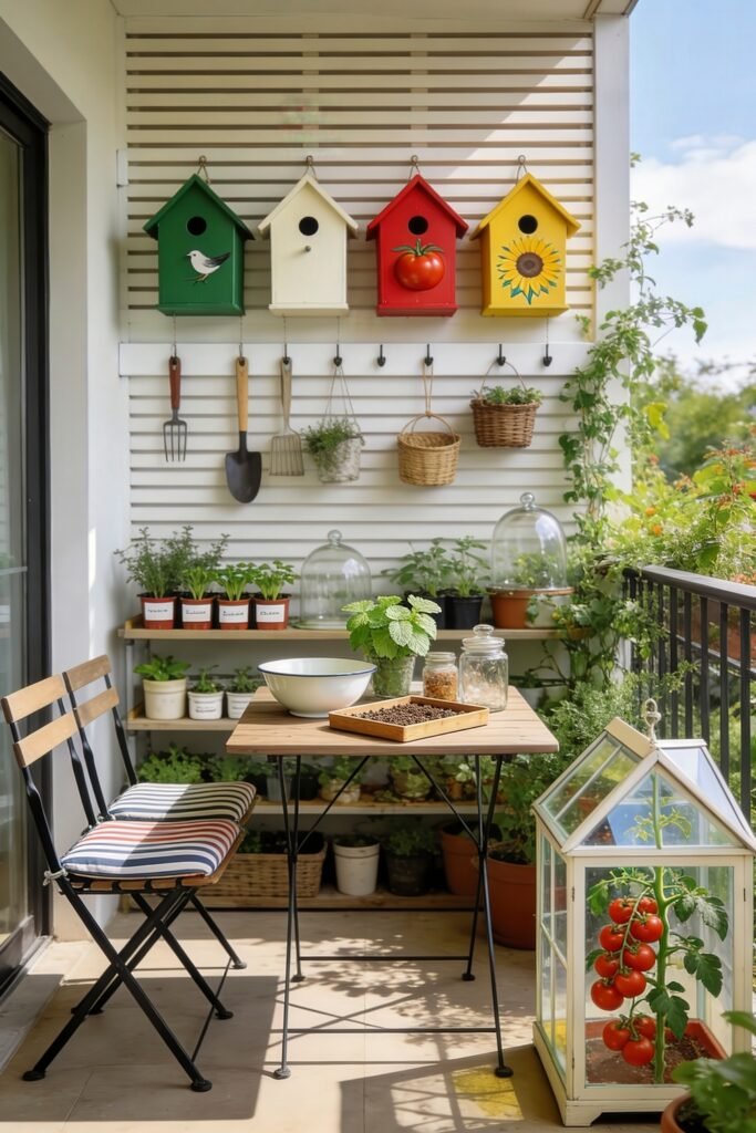 Cute Birdhouse Painting Ideas for Charming Outdoor Style 27 Sunny balcony garden with colorful birdhouses hanging over herbs baskets tools and a small greenhouse with tomatoes