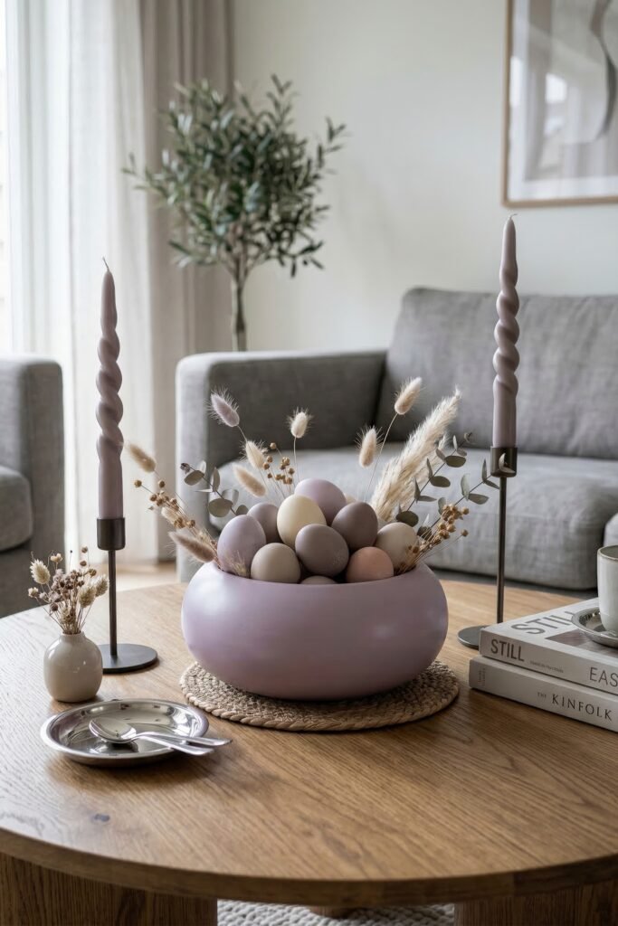 A lavender bowl filled with pastel eggs dried stems and soft grasses sits between mauve twisted candles on a round wooden table in a calm living room