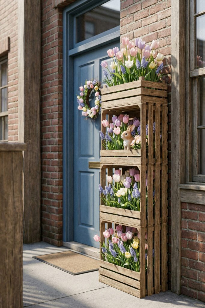 Easter Front Porch Ideas for a Fresh Spring Entry 36 Blue front door with stacked wooden flower crates tulips muscari and a small bunny figurine beside a spring wreath