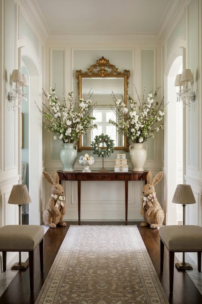 Refined foyer with white blossom arrangements gold mirror pastel egg wreath and wicker rabbits beside a polished console table