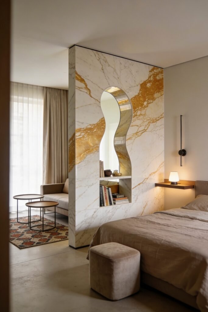 Calacatta Gold Marble Ideas For A Beautiful Apartment 32 Bedroom suite with a Calacatta gold marble partition featuring a sculptural mirror built in shelves and soft neutral furnishings