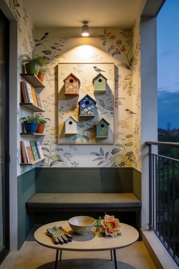Cute Birdhouse Painting Ideas for Charming Outdoor Style 28 Evening balcony with floral wallpaper birdhouse display wall bench shelves potted plants and a round table with gloves