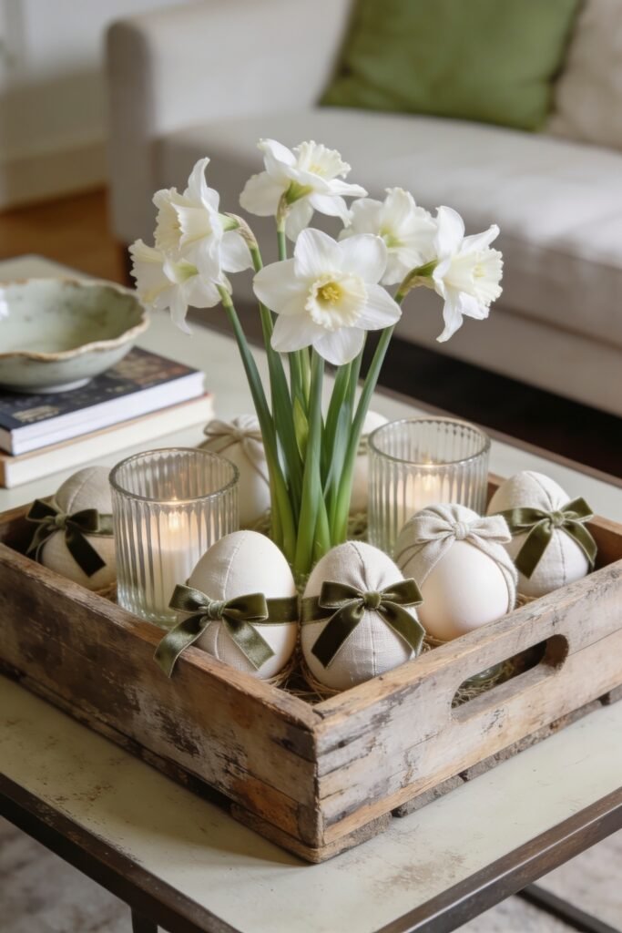 A rustic wooden tray holds white daffodils ribbed candles and cream eggs tied with olive green bows on a cozy coffee table