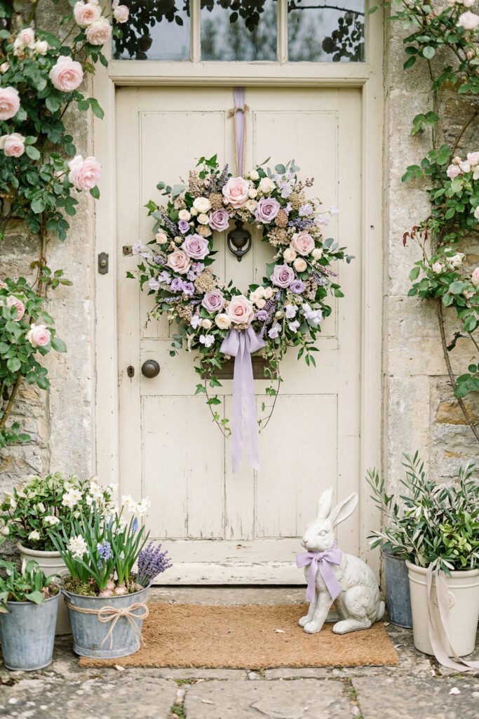 Easter Front Porch Ideas for a Fresh Spring Entry 37 Cream cottage door with a lush rose wreath white rabbit statue and spring planters against weathered stone walls