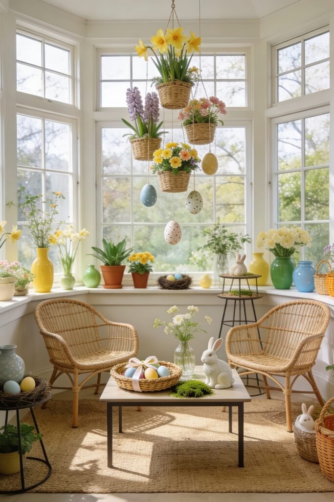 Sunny spring nook with hanging flower baskets pastel egg ornaments wicker chairs and bunny accents by bright windows