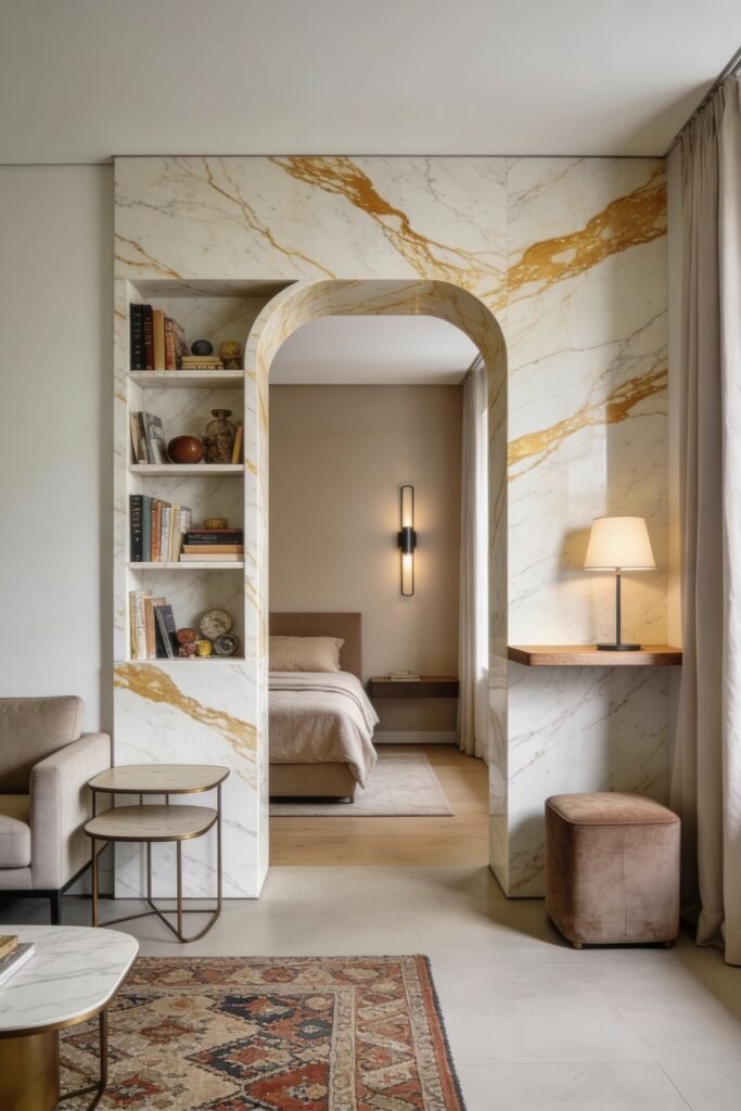 Calacatta Gold Marble Ideas For A Beautiful Apartment 33 Calacatta gold marble room divider with an arched opening built in shelving and warm bedroom lighting beyond