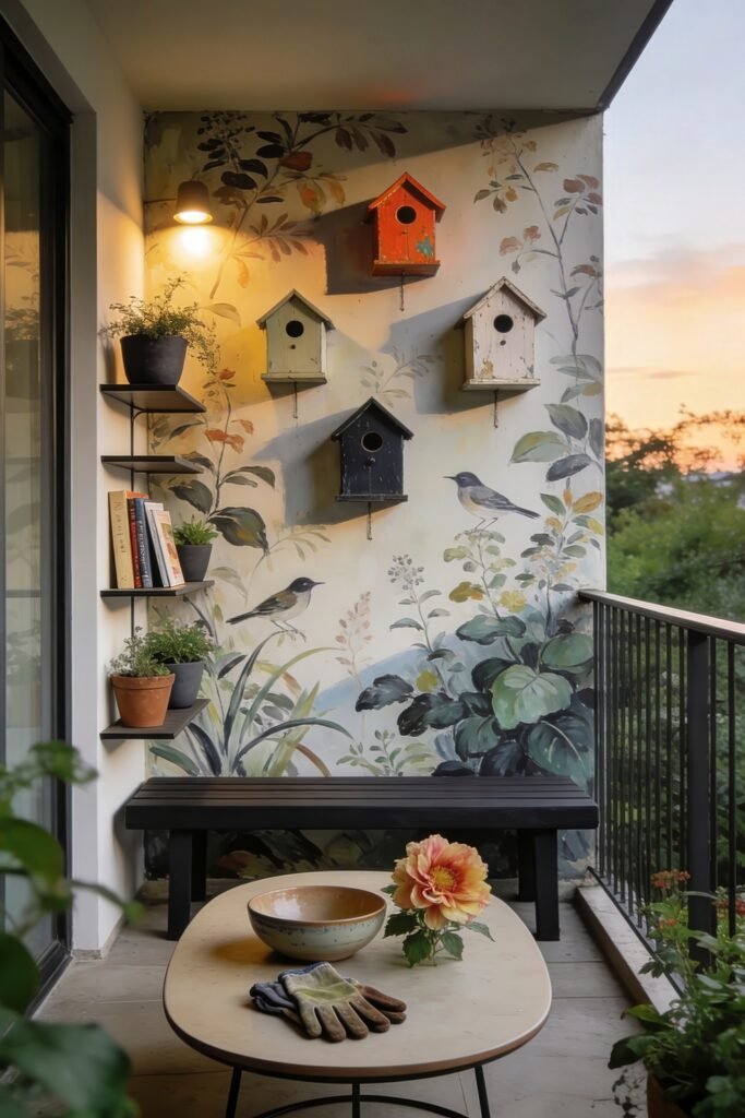 Cute Birdhouse Painting Ideas for Charming Outdoor Style 29 Sunset balcony with painted botanical mural dark bench floating shelves birdhouses and a coffee table with a flower and gloves