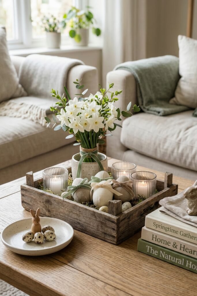 A wooden tray with white flowers candles and ribbon wrapped eggs sits on a coffee table beside books and tiny speckled eggs