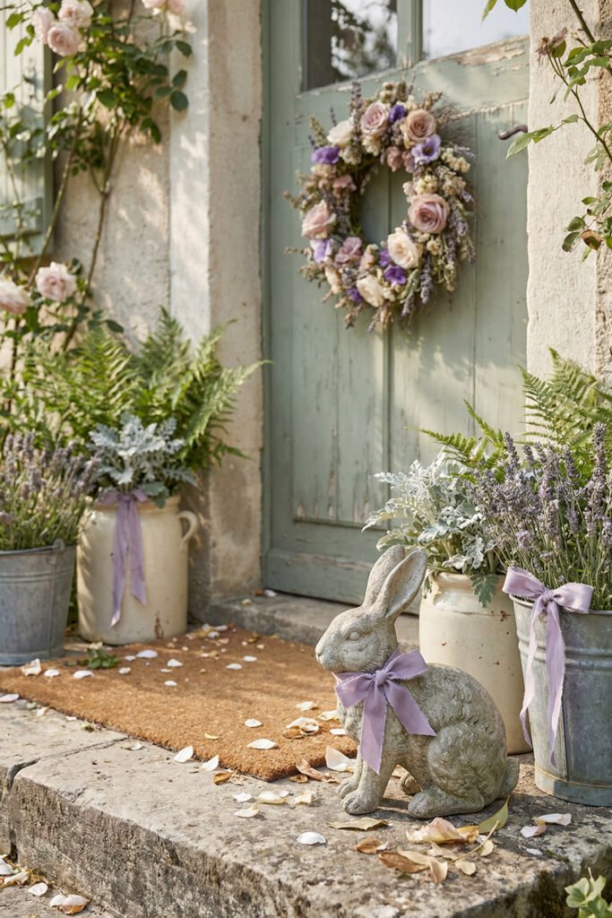 Easter Front Porch Ideas for a Fresh Spring Entry 38 Distressed green cottage door with a pastel floral wreath lavender planters and a stone rabbit statue on a petal strewn step