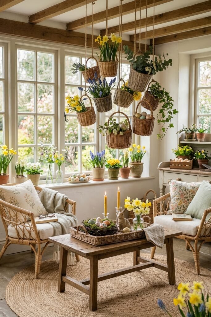 Rustic sunroom with hanging wicker baskets featuring daffodils lavender ivy and speckled eggs above a cozy Easter seating area