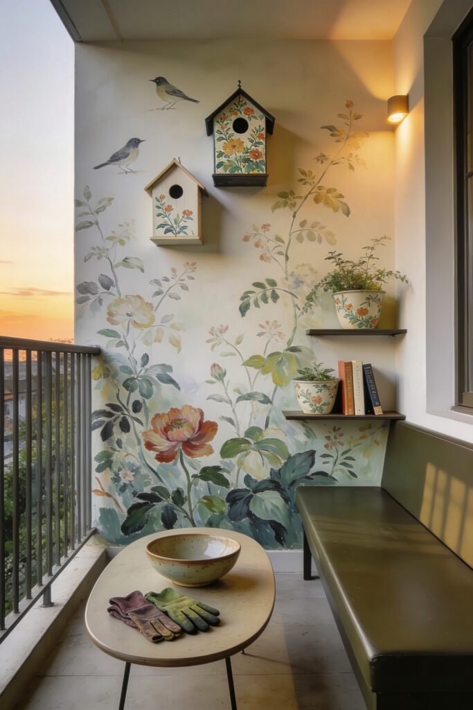 Cute Birdhouse Painting Ideas for Charming Outdoor Style 30 Narrow balcony with floral mural painted birdhouses warm wall lights shelves and a bench beside a small oval table