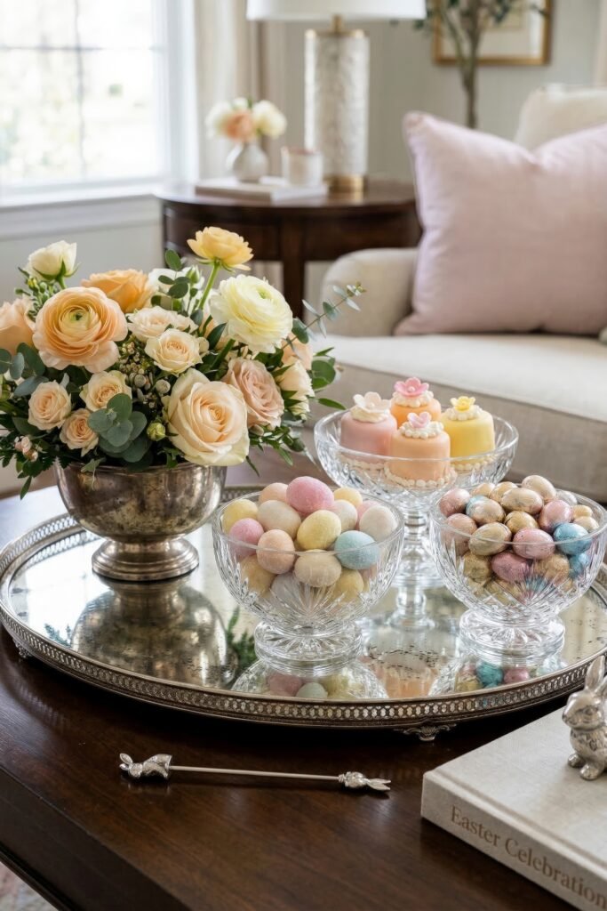 A mirrored tray displays spring flowers pastel candies and foil eggs in crystal bowls on a dark wood table in a bright living room
