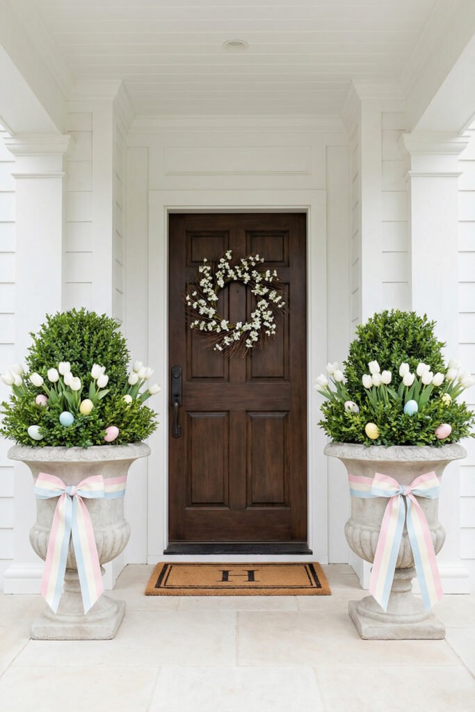 Easter Front Porch Ideas for a Fresh Spring Entry 39 Dark wood front door with a blossom wreath white urn planters of tulips and hydrangeas and pastel ribbon bows