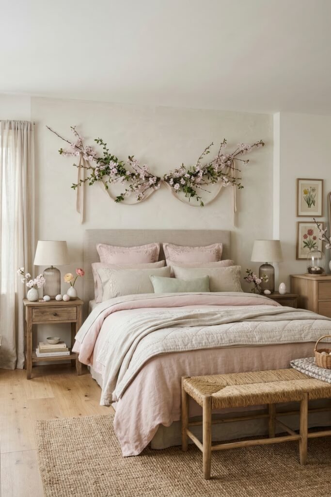 Soft pastel bedroom with blossom garland above the bed layered blush bedding and subtle Easter accents on wood nightstands