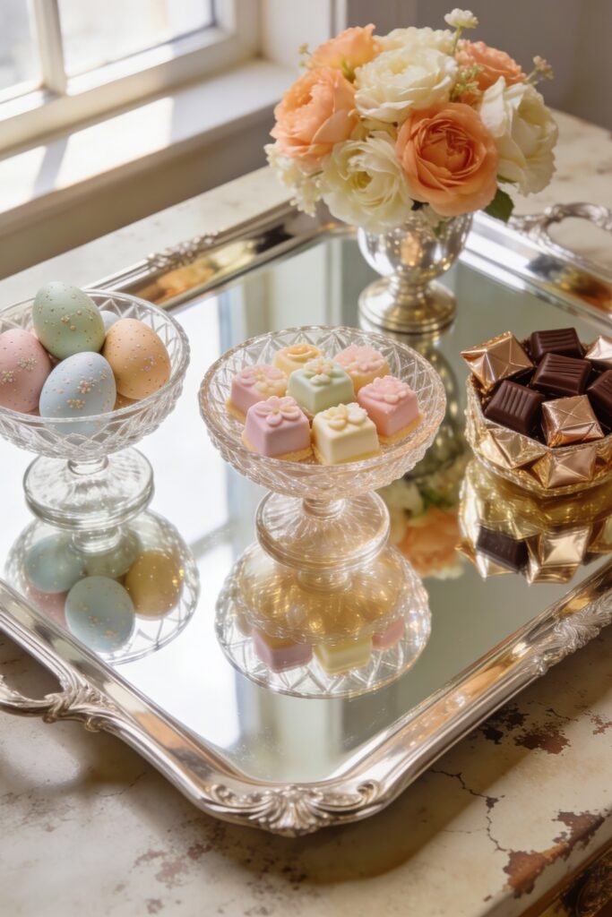 Pastel eggs flower topped sweets and wrapped chocolates sit on a silver mirrored tray beside peach and cream roses by a sunny window