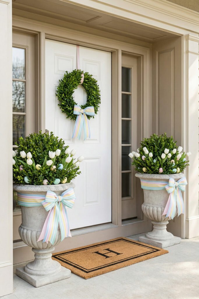 Easter Front Porch Ideas for a Fresh Spring Entry 40 White front door with a boxwood wreath pastel striped bows and matching urn planters featuring tulips and pastel eggs