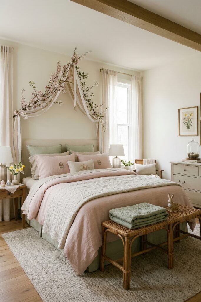 Serene spring bedroom with draped blossom branches pastel bedding painted eggs and a small bunny figure on a woven bench