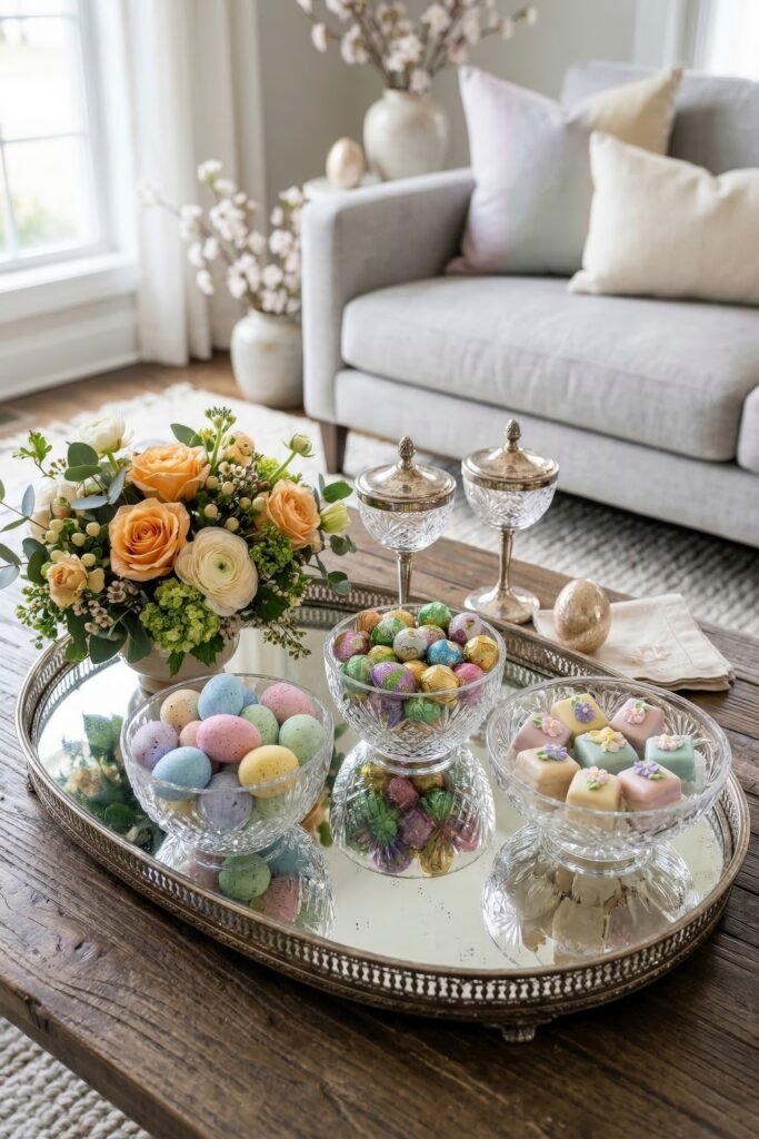 A mirrored tray holds pastel eggs foil chocolates and flower topped petit fours beside a fresh bouquet on a rustic coffee table