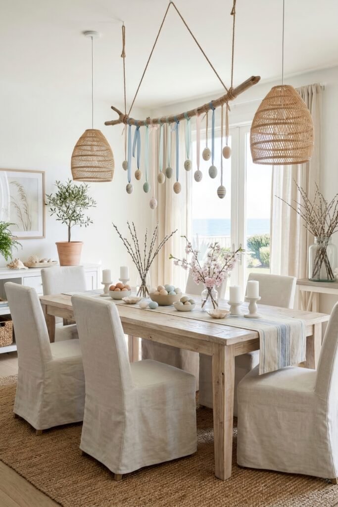 Coastal dining room with hanging pastel eggs on ribbons above a light wood table styled with branches candles and soft spring blooms