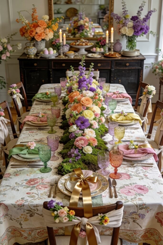 Romantic Easter tablescape with moss runner pastel flowers colorful glassware and ribbon tied place settings on a floral tablecloth