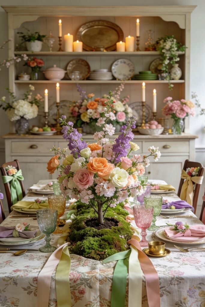 Cottage dining room with a floral tree centerpiece moss runner pastel ribbons and candlelit shelves creating an elegant Easter table