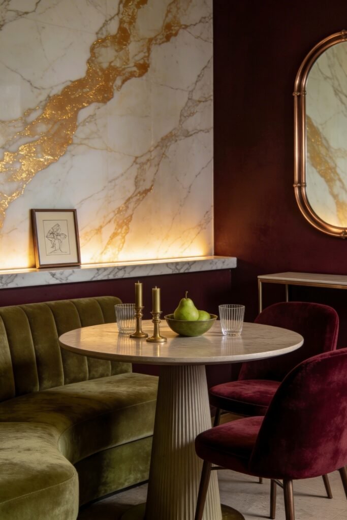 Calacatta Gold Marble Ideas For A Beautiful Apartment 4 Moody dining nook with a white round table against a white and gold marble wall with olive banquette seating and burgundy velvet chairs