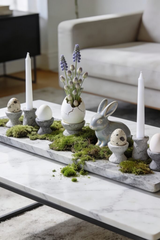 Gray bunny figurine with speckled eggs candles moss and spring blooms arranged on a marble tray atop a coffee table