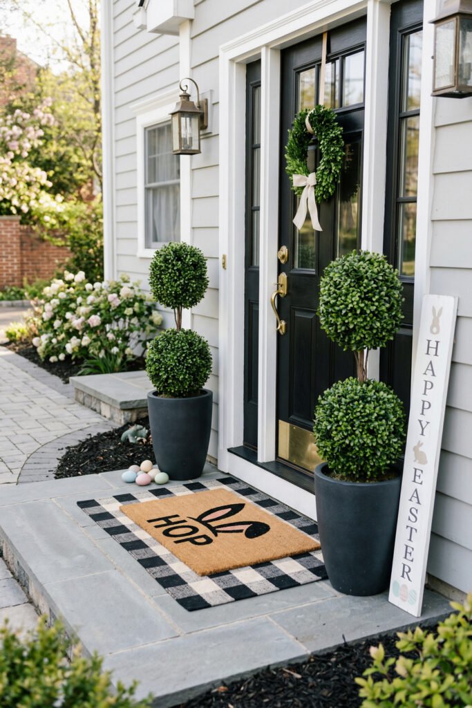 Easter Front Porch Ideas for a Fresh Spring Entry 4 Black front doors with a green wreath topiary planters a Hop doormat and a Happy Easter porch sign