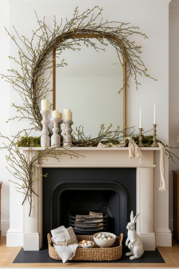 Neutral fireplace mantel with a twig wreath mirror stone candlesticks moss pastel eggs and a white rabbit statue for elegant Easter decor