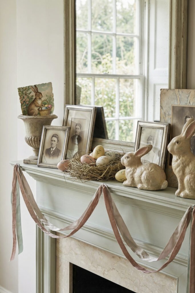 Soft green mantel with ceramic rabbits a nest of pastel eggs vintage portraits and draped pink and sage ribbons by a bright window