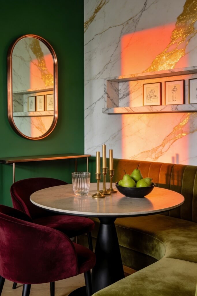 Calacatta Gold Marble Ideas For A Beautiful Apartment 5 Colorful dining nook with burgundy chairs and an olive banquette beside a white and gold marble wall glowing with warm sunset light