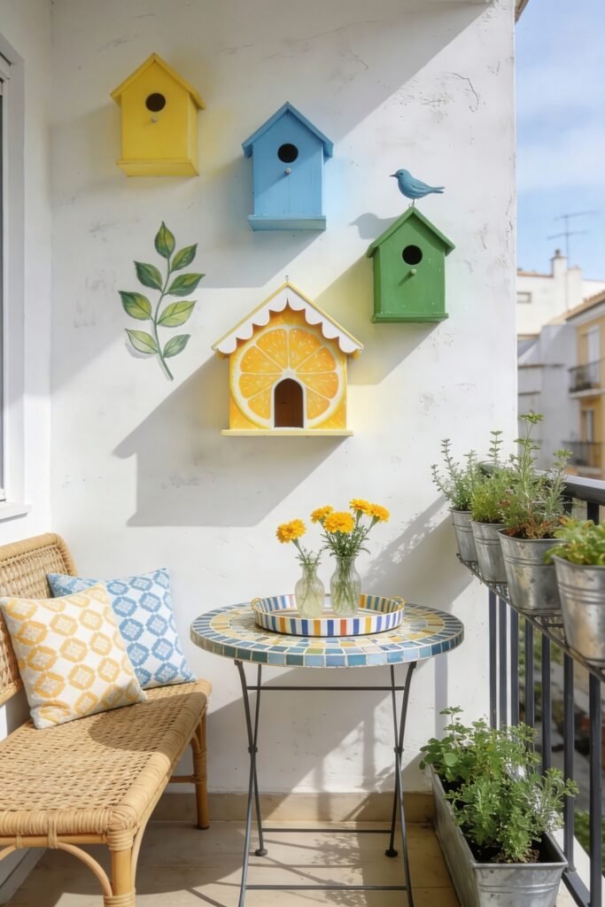Cute Birdhouse Painting Ideas for Charming Outdoor Style 5 Sunlit balcony with a lemon painted birdhouse three colorful birdhouses a wicker bench mosaic table and herb planters by the railing