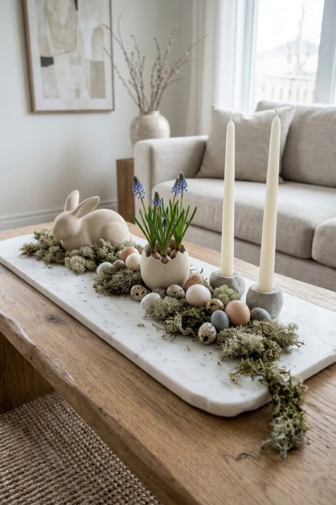 Neutral Easter centerpiece with a rabbit figurine blue grape hyacinths candles and speckled eggs on a marble slab