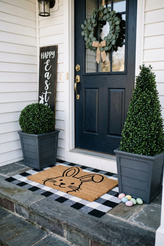 Easter Front Porch Ideas for a Fresh Spring Entry 5 Navy front door with a eucalyptus wreath topiary planters a bunny doormat pastel eggs and a Happy Easter sign