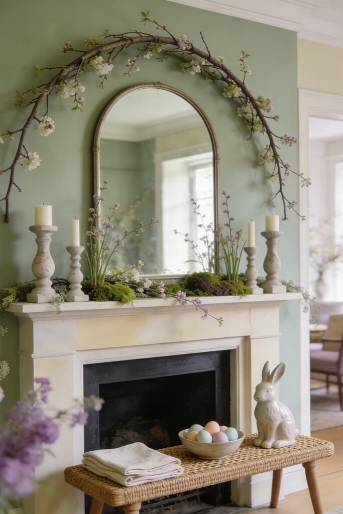Sage green fireplace mantel with floral branch garland stone candlesticks moss pastel eggs and a white rabbit on a woven bench