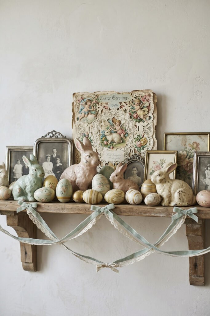 Rustic shelf displaying pastel rabbit figurines decorated eggs vintage photos and an antique Easter card with lace trimmed ribbon garland