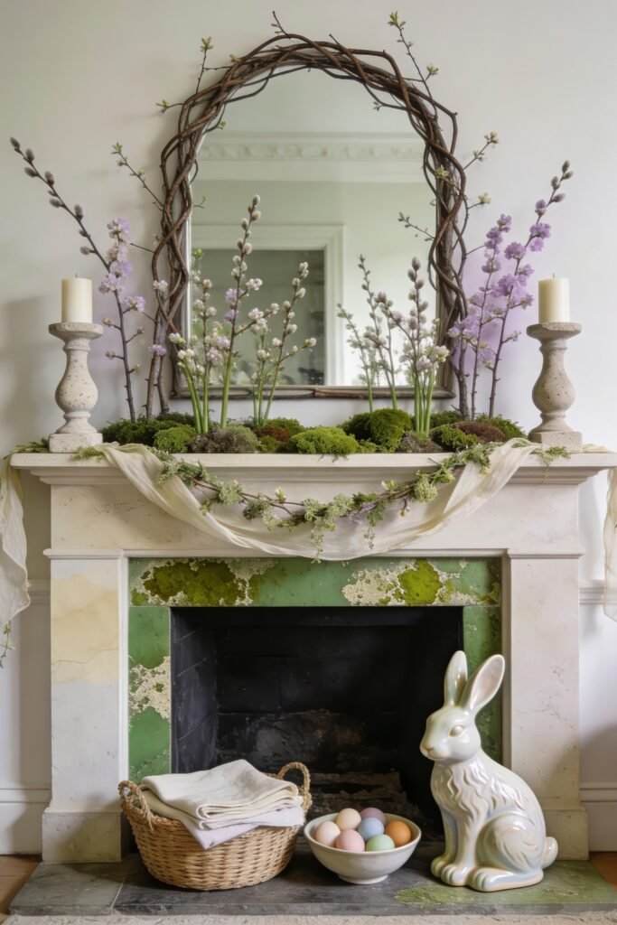 Spring mantel with twisted branch mirror moss lavender blossoms draped fabric pastel eggs and a glossy white rabbit beside the fireplace