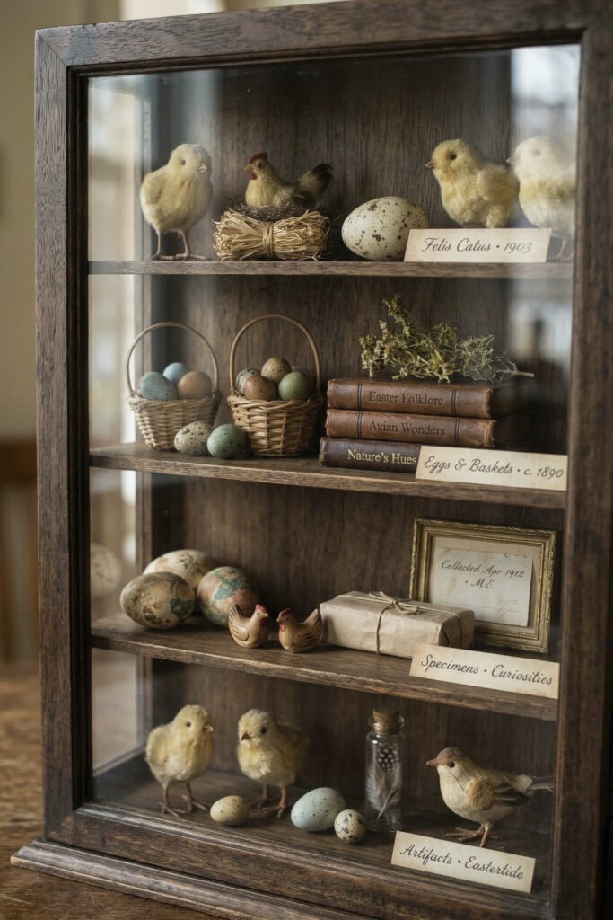Glass display case filled with fluffy chicks speckled eggs tiny baskets old books and labeled Easter curios on wooden shelves