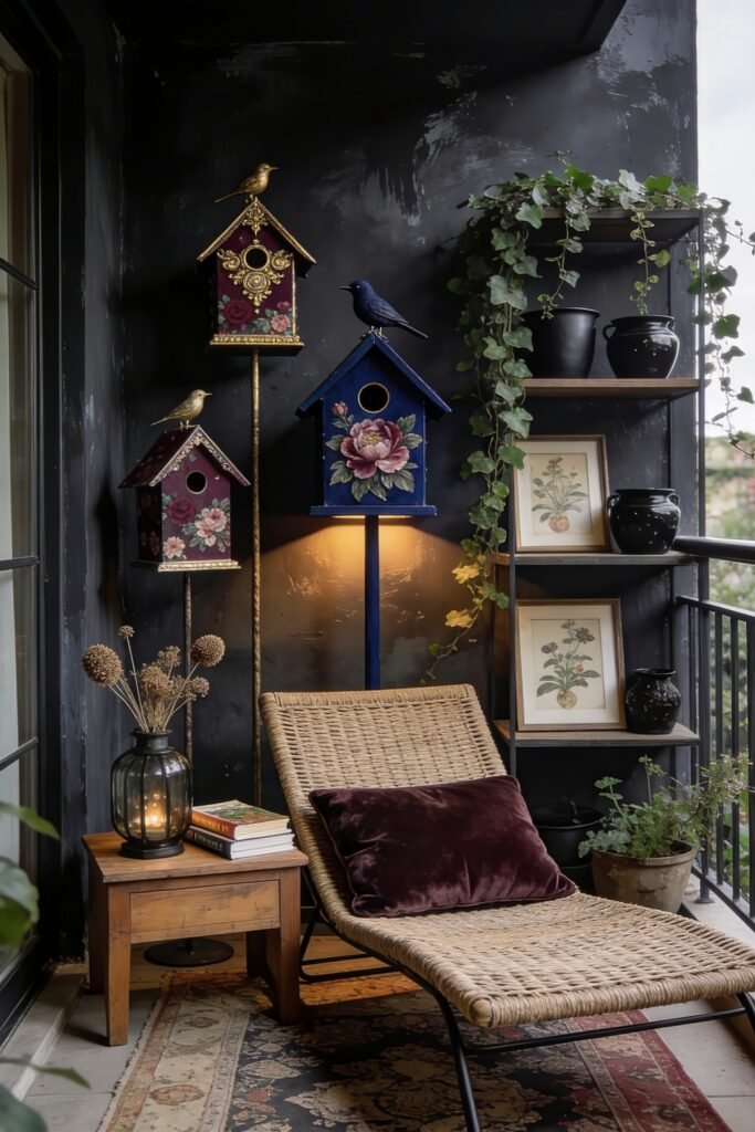 Cute Birdhouse Painting Ideas for Charming Outdoor Style 6 Moody black balcony with floral birdhouses wicker chaise lounge glowing lantern framed botanical art and trailing plants