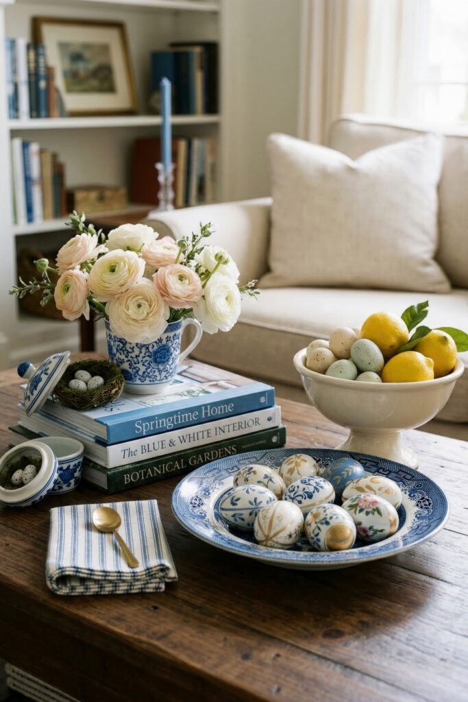 Blue and white spring table decor with painted eggs lemons flowers and stacked books on a rustic wooden coffee table